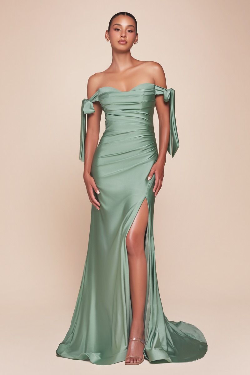 Off-the-Shoulder Fishtail Dress with Front Slit
