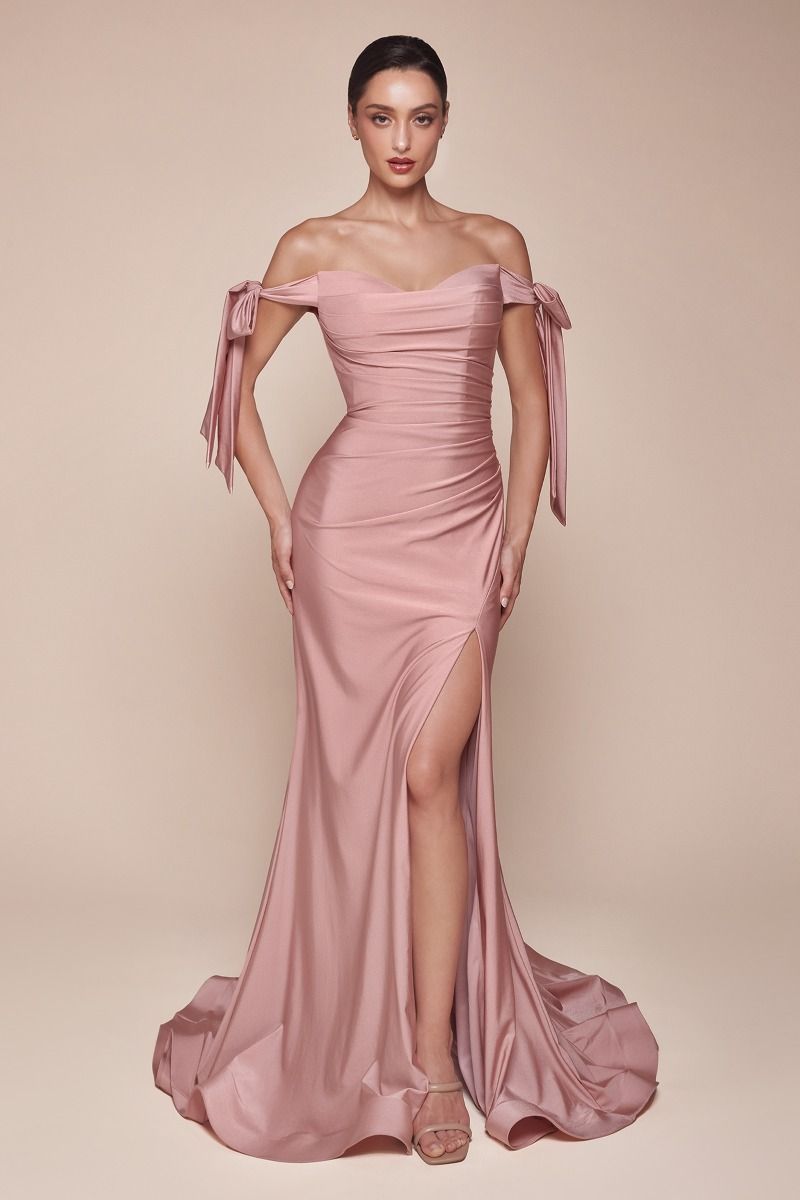 Off-the-Shoulder Fishtail Dress with Front Slit