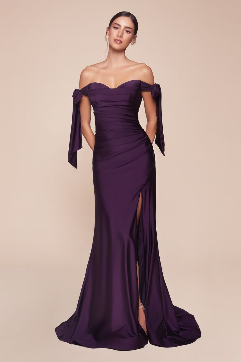 Off-the-Shoulder Fishtail Dress with Front Slit
