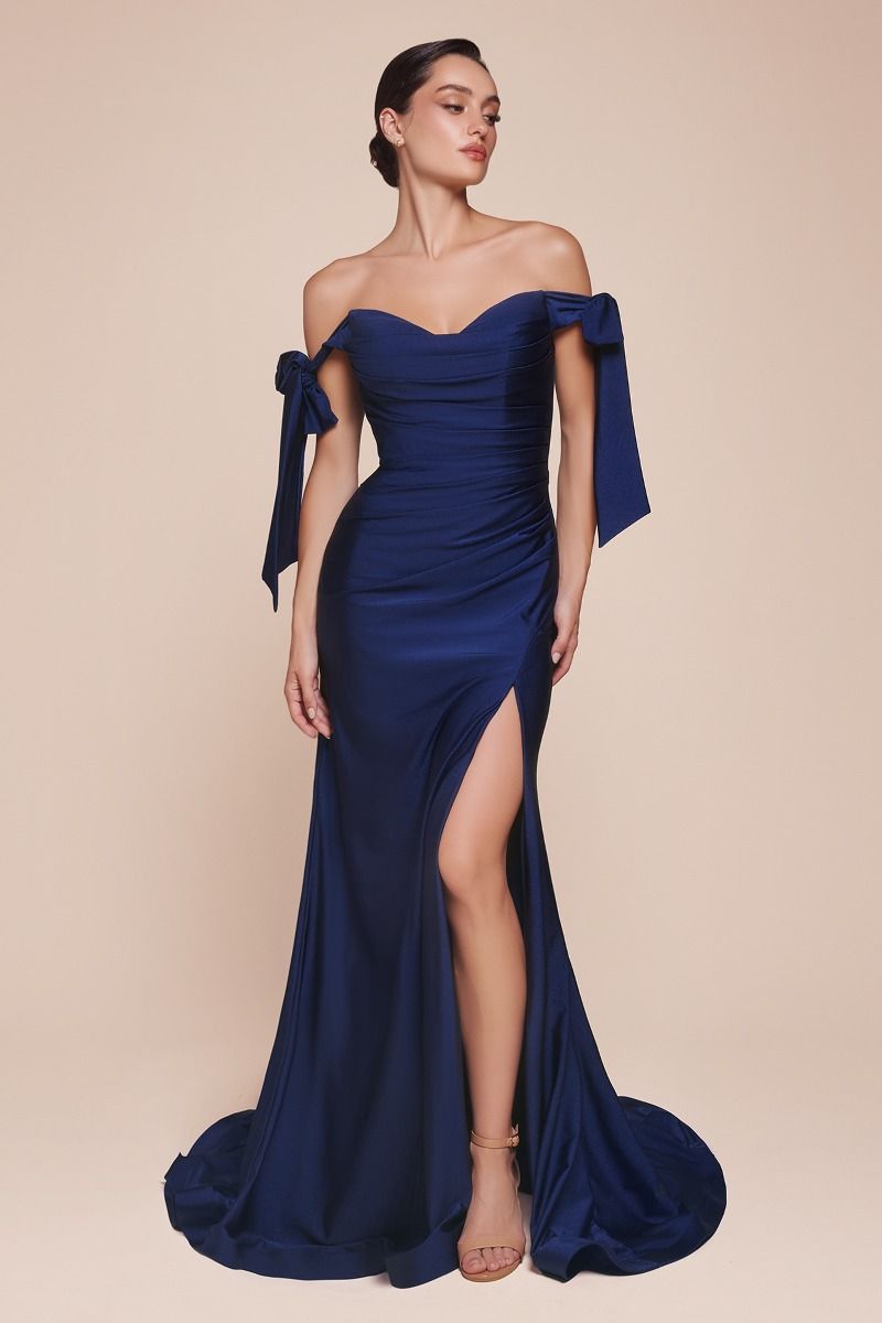Off-the-Shoulder Fishtail Dress with Front Slit
